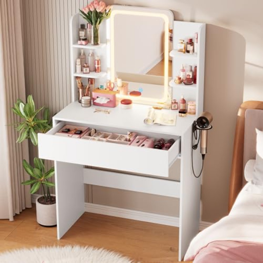 Desk Drawer Small - 침실용 소형 화장대, 부드러운 백색 LED